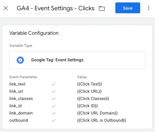 GA4 - Event Settings - Clicks variable in GTM showing six base click parameters