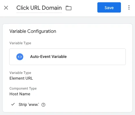 Click URL Domain Auto-Event Variable — host name, strips www.